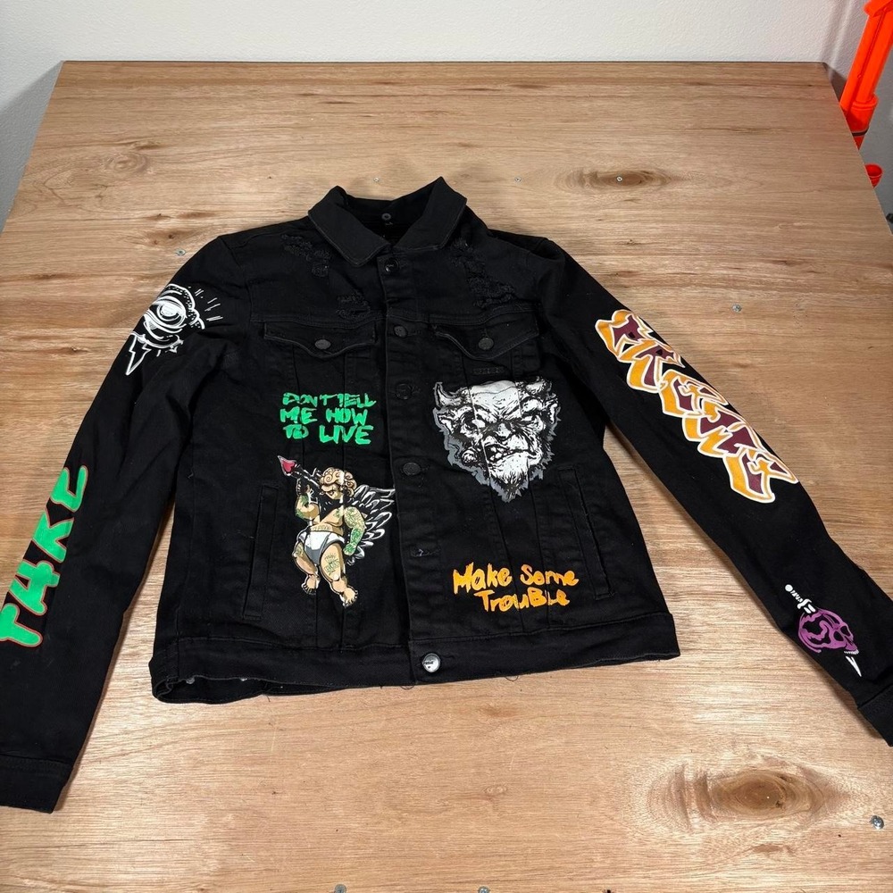 Preme Mens Black Denim Graphic Jacket Fake Romance Streetwear Distressed Large